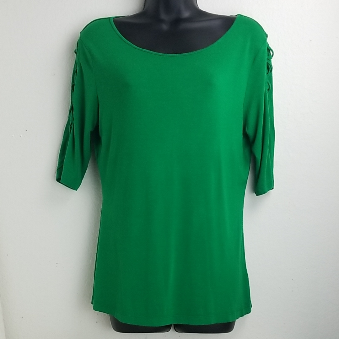 Cable & Gauge Hunter Green Scoop Neck Top With Lace-Up Sleeves (Size M)